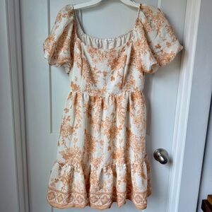 Floral Puff Sleeve Mini Dress Orange White Boho Cottagecore Rayon Blend Large